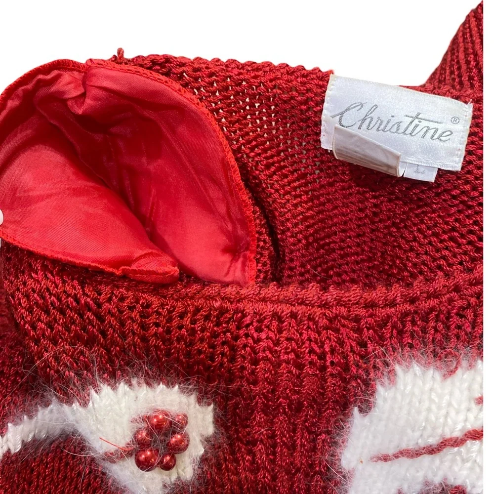 Vintage 1980s Christine Red Beaded Sweater Women’s Large Shoulder‎ Pads